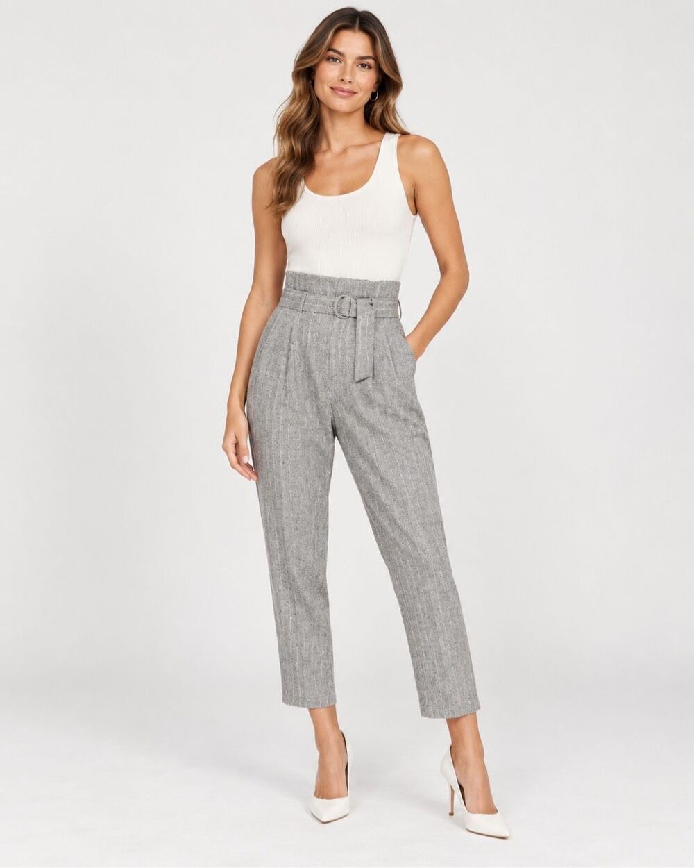 Line & Dot Paola Wool Blend High Rise Belted Trousers Grey L NWT